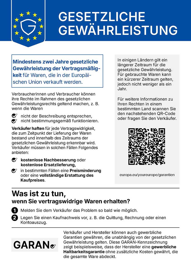 Hinweis auf gesetzliche Gewährleistung 